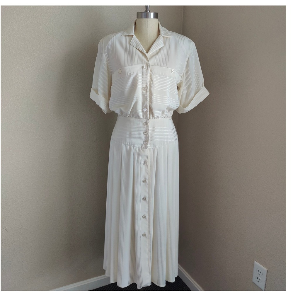 Vintage 80s Nilani Shirt Midi Dress Drop Waist Striped Cream Button Front 5/6
